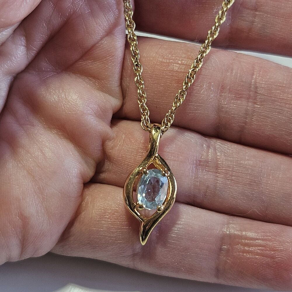 Gold Tone 18" Oval Blue Topaz Gem Stone Pendant Necklace